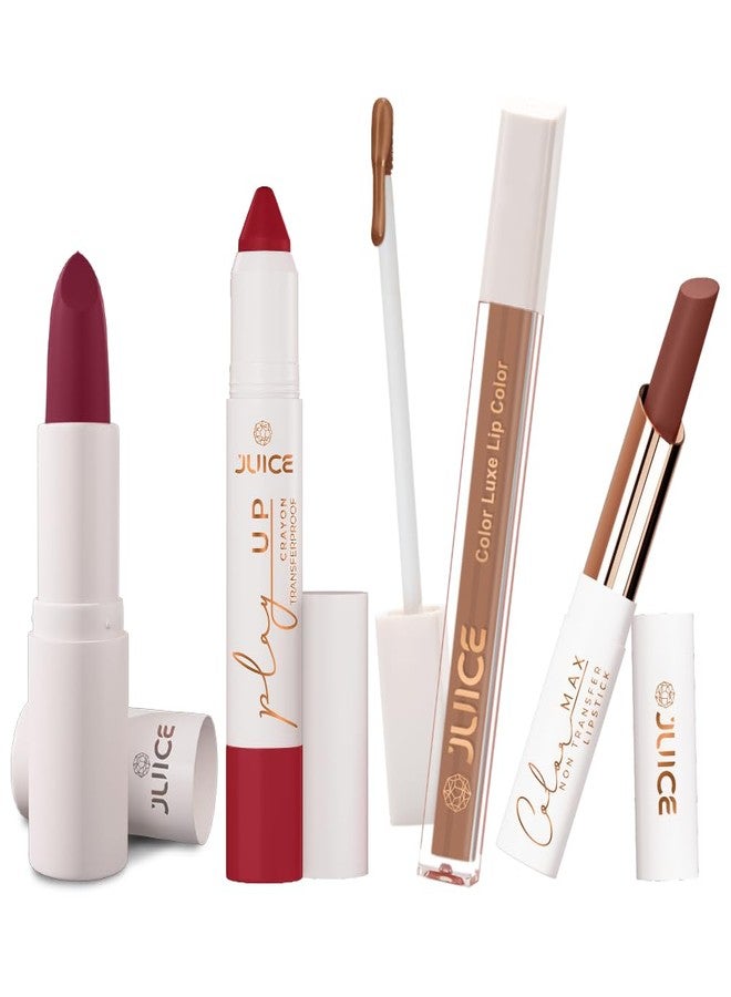 Juice Long Lasting, 4pc Lipstick Combo Set For Women(Epic Pink-M08 Bullet Lipstick, Red-y Set Go-MCR08 Play up Lip Crayon, Brown-M18 Liquid Lipstick, Cocoa Kiss-M02 Slim Stick) - Image 1
