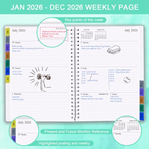 Nokingo 2026 Planner - Weekly & Monthly Planner Runs January 2026 to December 2026, 6.25" x 8.25", 12 Monthly Tabs, 14 Notes Pages, Inner Pocket, Flexible Cover with Twin-Wire Binding, Planners 2026 - Image 3