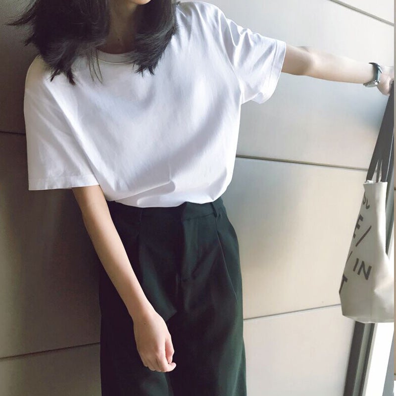 Short-Sleeved T-Shirt Women'S White Korean-Style 2024 Student Bottoming Slim-Fit Solid Color Simple T-Shirt Top Clothes - Image 3
