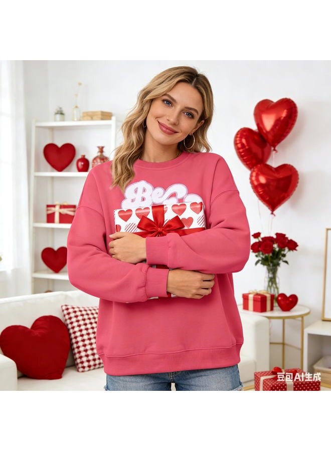 VILOVE Valentines Sweatshirts for Women Be Mine Glitter Patch Valentine Shirts Oversized Love Heart Holiday Outfits, Lotus Root Pink, M - Image 4