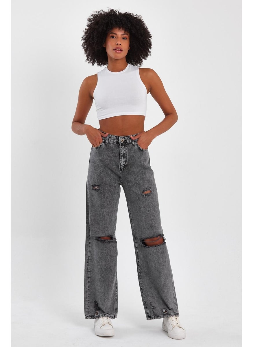 Alexander Gardi - Alexandergardi Special Collection Ripped Detailed Wide Leg Denim Trousers (AG-1058G) - Image 1
