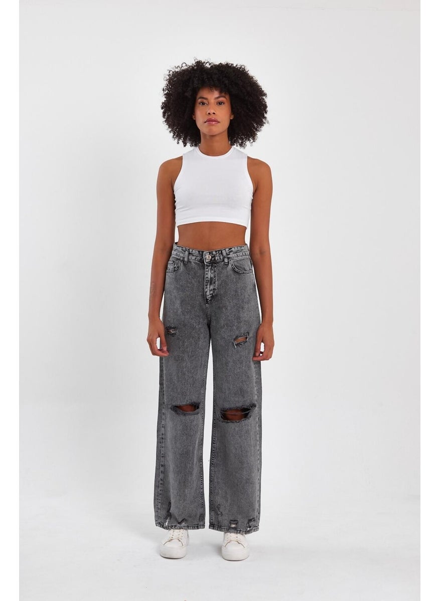 Alexander Gardi - Alexandergardi Special Collection Ripped Detailed Wide Leg Denim Trousers (AG-1058G) - Image 1