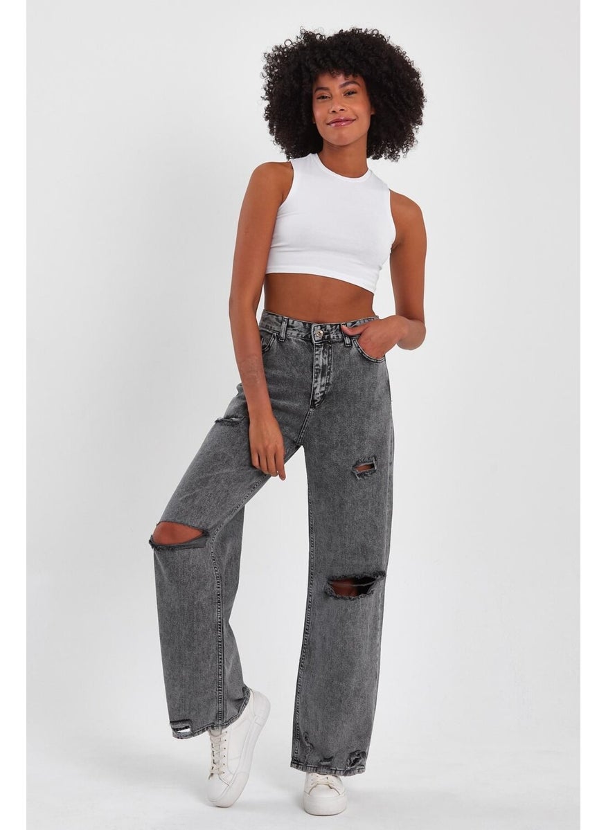 Alexander Gardi - Alexandergardi Special Collection Ripped Detailed Wide Leg Denim Trousers (AG-1058G) - Image 1