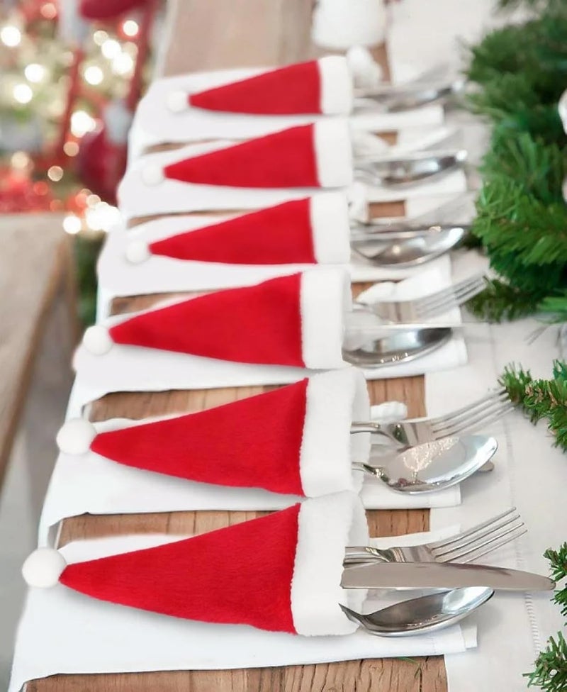 Dzrige Dzrige 10Pcs Christmas Tableware Holders SetChristmas Santa Hats Silverware Holders Mini Xmas Hat Knife Forks Cutlery Bags for Xmas New Year Holiday Party Dinner Table Christmas Tree Decorations - Image 3