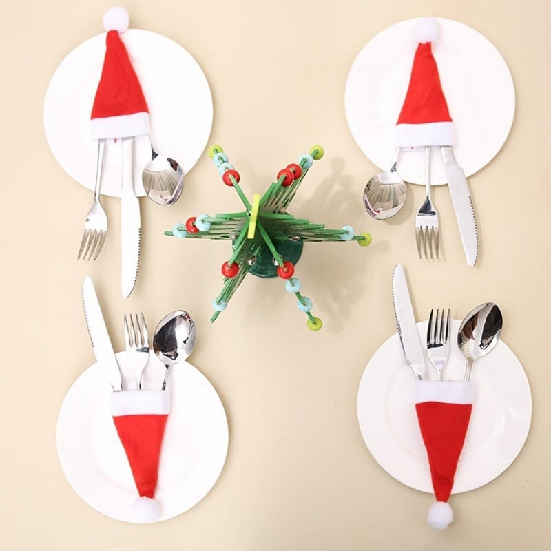 Dzrige Dzrige 10Pcs Christmas Tableware Holders SetChristmas Santa Hats Silverware Holders Mini Xmas Hat Knife Forks Cutlery Bags for Xmas New Year Holiday Party Dinner Table Christmas Tree Decorations - Image 4