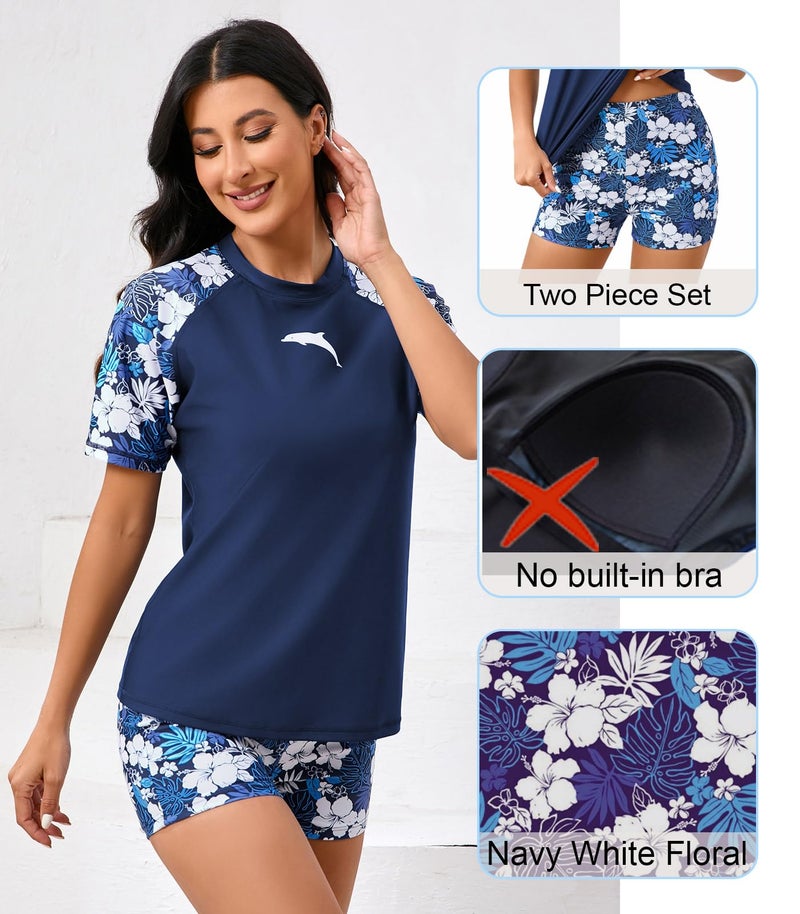 Halcurt Women's Short Sleeve Rash Guard Set Modest 2 Piece Swimwear with Shorts Navy Floral M - Image 4