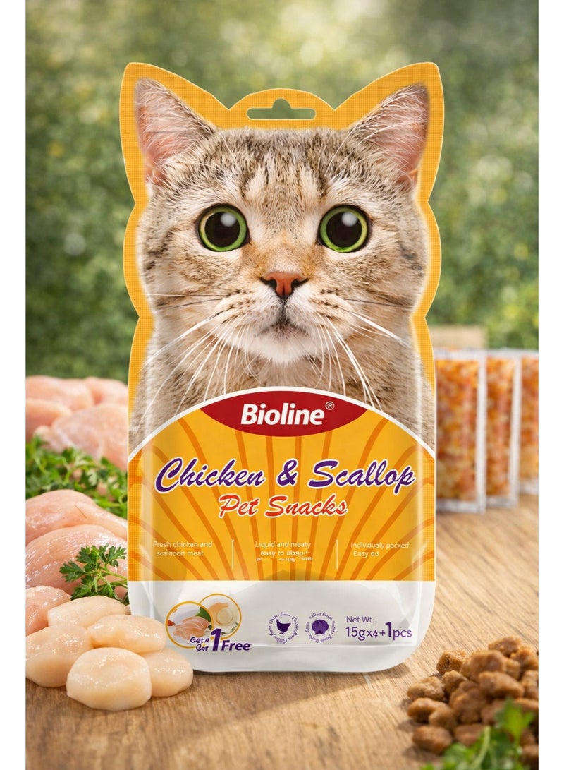 Chicken and Scallop Creamy Pet Snacks for Cats 75g (5 Sticks) – Liquid Lickable Treats, High Protein Puree, Grain-Free Healthy Digestive Reward for Kittens
