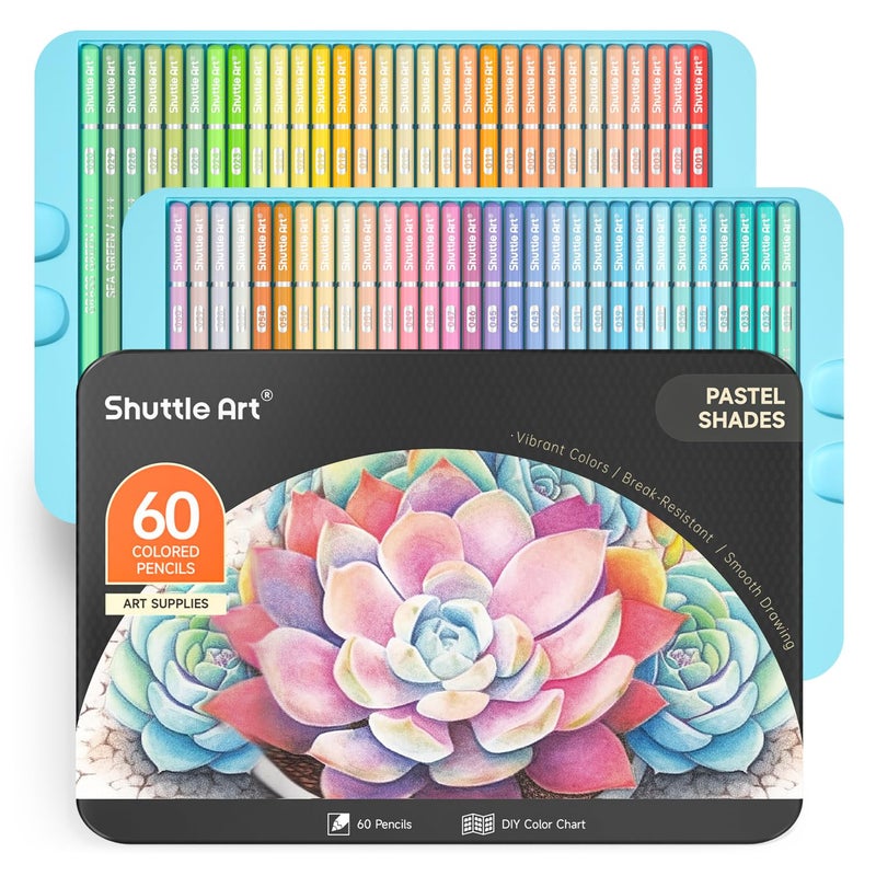 Shuttle Art 60 Pastel Colored Pencils, Colored Pencils for Adult Coloring, Soft Core Coloring Pencils in Gift Tin Box, Color Pencils for Kids Adults Beginners Artists Drawing Coloring Sketching - Image 1