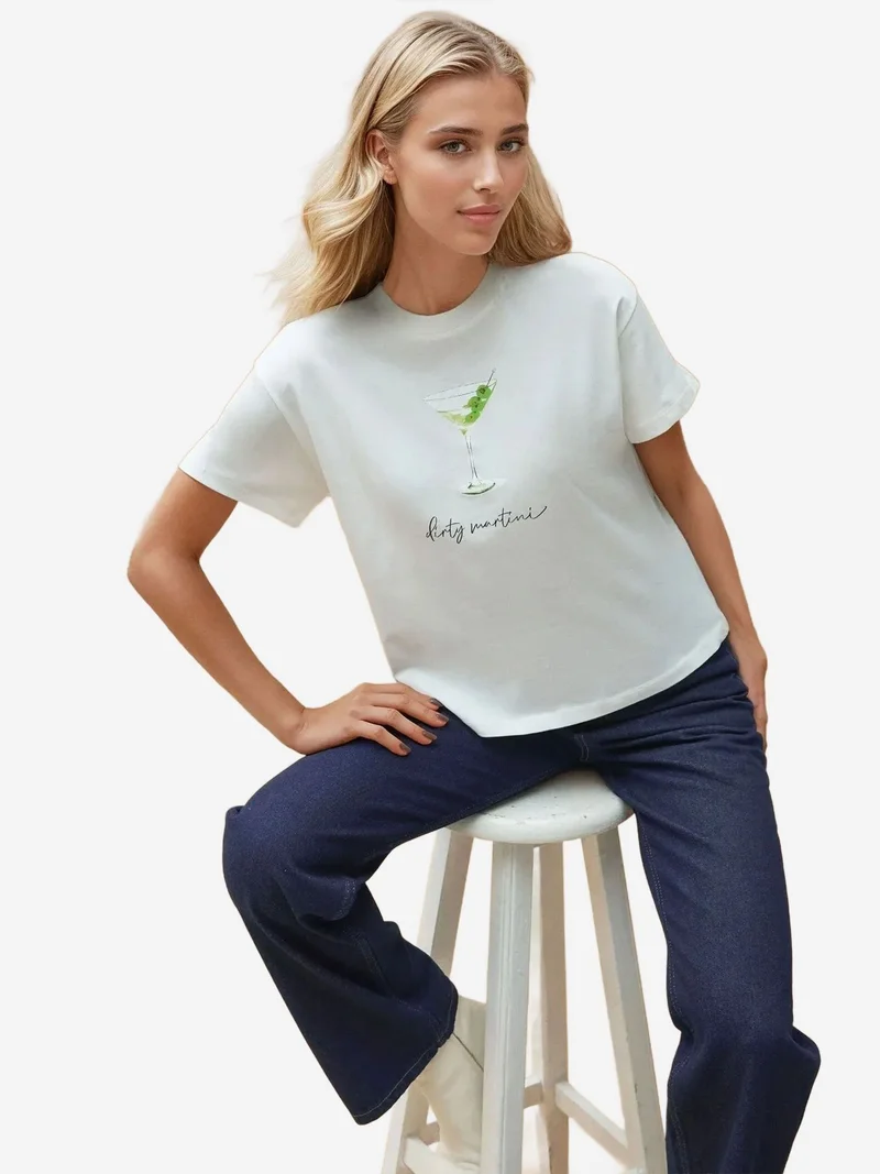 هيكاب تيشيرت قطن % بقصة عادية ورقبة دائرية مطبوع