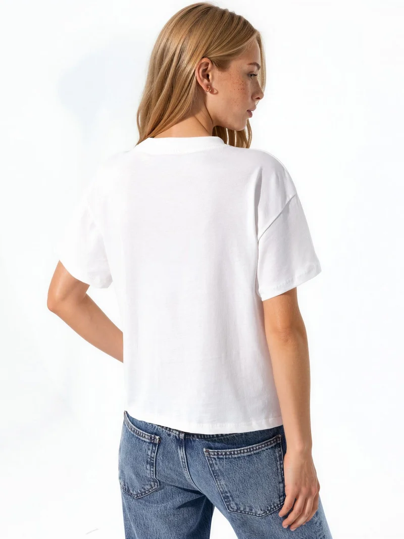 Hiccup White Printed Regular Fit Crew Neck 100% Cotton T-shirt for Women | Best Price UAE