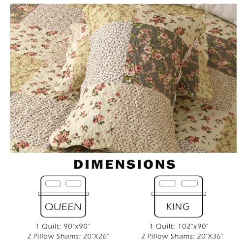 Cmfshape Summer Floral King Quilted Bedspread,Romantic Beige Quilt Set,Reversible Stitched Bedding Cover All Season,Soft Lightweight Coverlet with Pillow Cases (Ivory&Pink, King(102"x90")) - Image 4