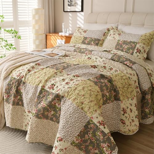 Cmfshape Summer Floral King Quilted Bedspread,Romantic Beige Quilt Set,Reversible Stitched Bedding Cover All Season,Soft Lightweight Coverlet with Pillow Cases (Ivory&Pink, King(102"x90")) - Image 3