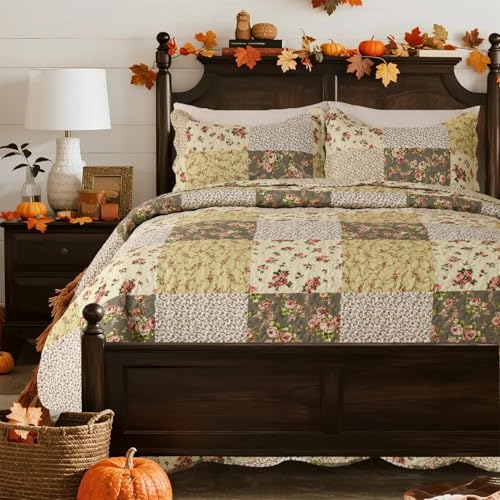 Cmfshape Summer Floral King Quilted Bedspread,Romantic Beige Quilt Set,Reversible Stitched Bedding Cover All Season,Soft Lightweight Coverlet with Pillow Cases (Ivory&Pink, King(102"x90")) - Image 1