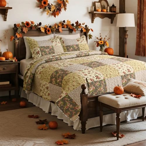 Cmfshape Summer Floral King Quilted Bedspread,Romantic Beige Quilt Set,Reversible Stitched Bedding Cover All Season,Soft Lightweight Coverlet with Pillow Cases (Ivory&Pink, King(102"x90")) - Image 2