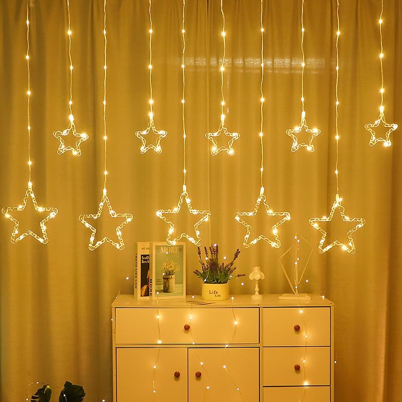 One94Store Fairy Star Curtain String LED Lights, 3 Meter Warm White Plug-in Decorative Curtain with 96 LEDs, 8 Modes and 5+5 Star Design for Home, Festival, Diwali & Wedding Decoration - Image 1