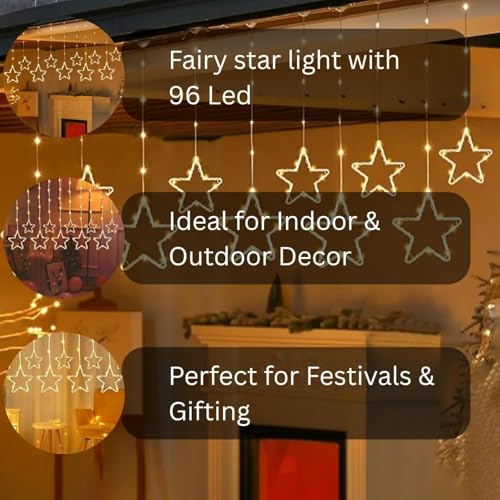 One94Store Fairy Star Curtain String LED Lights, 3 Meter Warm White Plug-in Decorative Curtain with 96 LEDs, 8 Modes and 5+5 Star Design for Home, Festival, Diwali & Wedding Decoration - Image 5