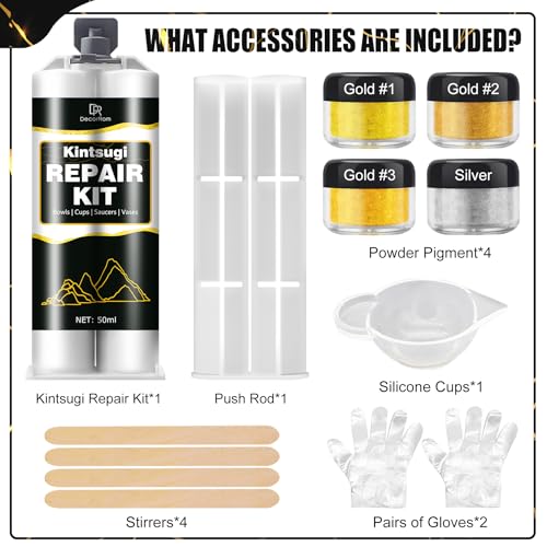 DecorRom Kintsugi Repair Kit - Food Safe Kintsugi Kit Repairs Broken Ceramics, Glass, Jade, Sculptures, Meaningful Pottery - Gold Kintsugi Glue for Ceramics and Porcelain Repair, Japanese Art Kintsugi Craft - Image 2