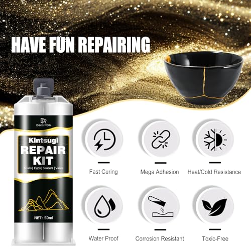 DecorRom Kintsugi Repair Kit - Food Safe Kintsugi Kit Repairs Broken Ceramics, Glass, Jade, Sculptures, Meaningful Pottery - Gold Kintsugi Glue for Ceramics and Porcelain Repair, Japanese Art Kintsugi Craft - Image 3