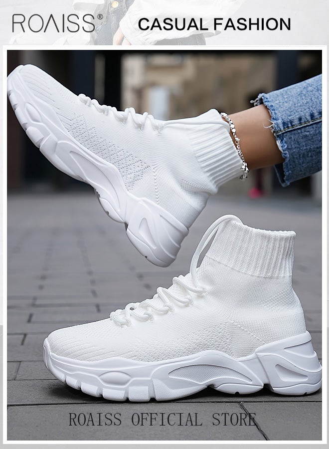 roaiss Knitted Elastic Chunky Sneakers for Women Pure White Stylish Breathable Short Boots Women's Casual Lace Up Design Decor Slip On Thick Sole Sports Walking Shoes - Image 2
