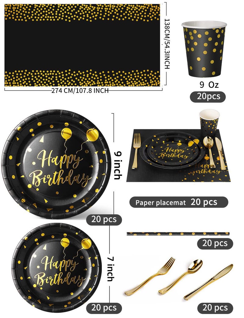 Nkaiso Birthday Party Tableware  161 Pieces Black Gold Party Supplies  Party Dinnerware Sets Include Paper Plates Napkins Cups Silverware  for Shower Engagement Parties Decoration -20 Serves - Image 3