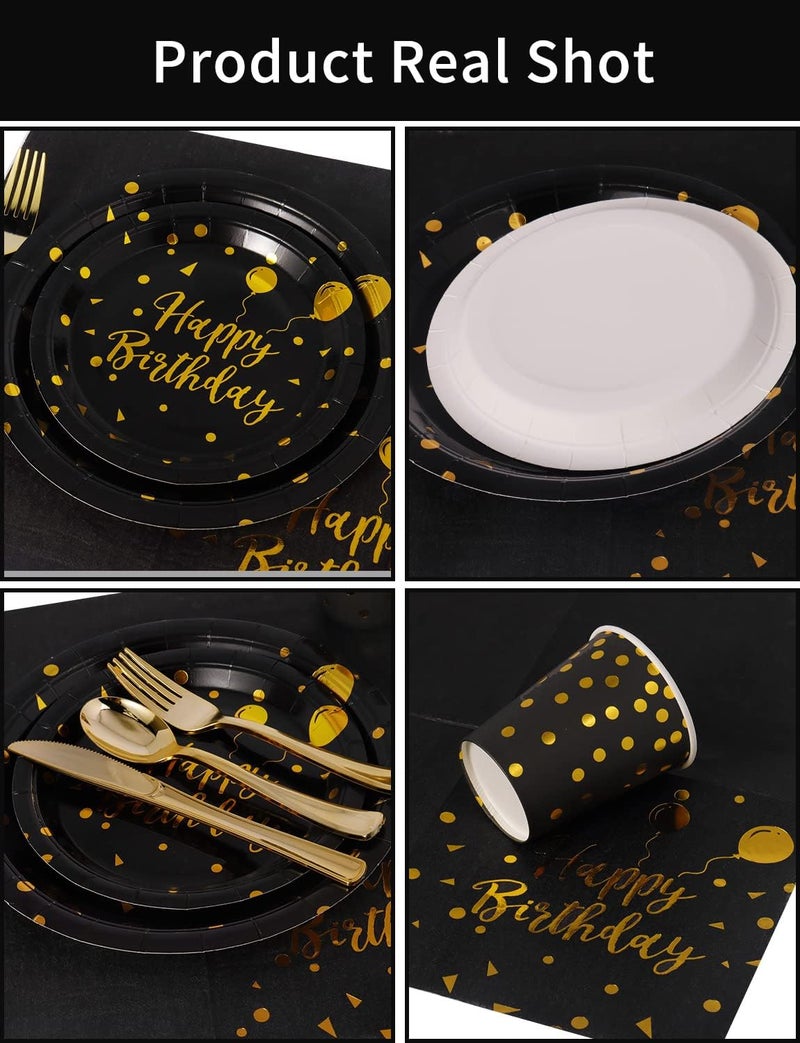Nkaiso Birthday Party Tableware  161 Pieces Black Gold Party Supplies  Party Dinnerware Sets Include Paper Plates Napkins Cups Silverware  for Shower Engagement Parties Decoration -20 Serves - Image 2
