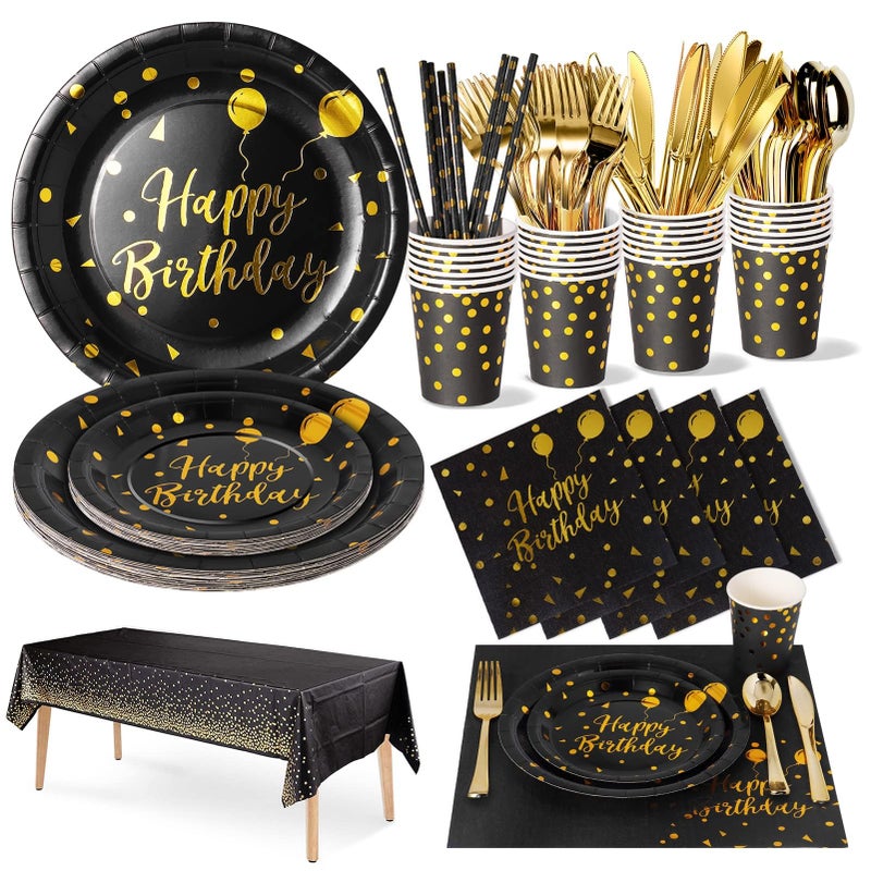 Nkaiso Birthday Party Tableware  161 Pieces Black Gold Party Supplies  Party Dinnerware Sets Include Paper Plates Napkins Cups Silverware  for Shower Engagement Parties Decoration -20 Serves - Image 1