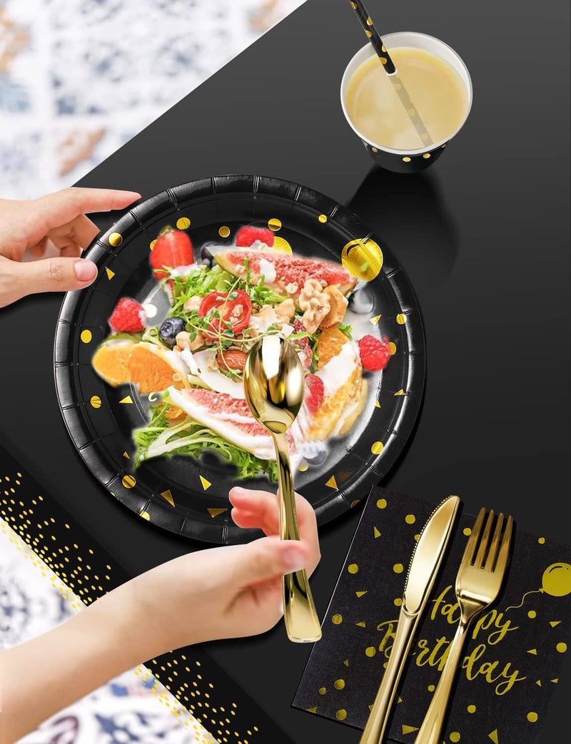 Nkaiso Birthday Party Tableware  161 Pieces Black Gold Party Supplies  Party Dinnerware Sets Include Paper Plates Napkins Cups Silverware  for Shower Engagement Parties Decoration -20 Serves - Image 4