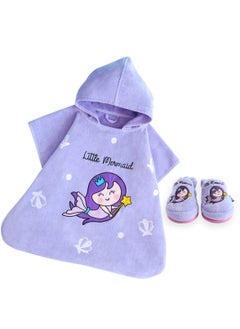 Milk&Moo Title: Milk&Moo Kids Poncho and House Slippers Set Little Mermaid, Ultra Soft and Absorbent Fabric, %100 Cotton, Fun Princess Design, Suitable for 4-6 Year Old Children, Purple  - Image 1