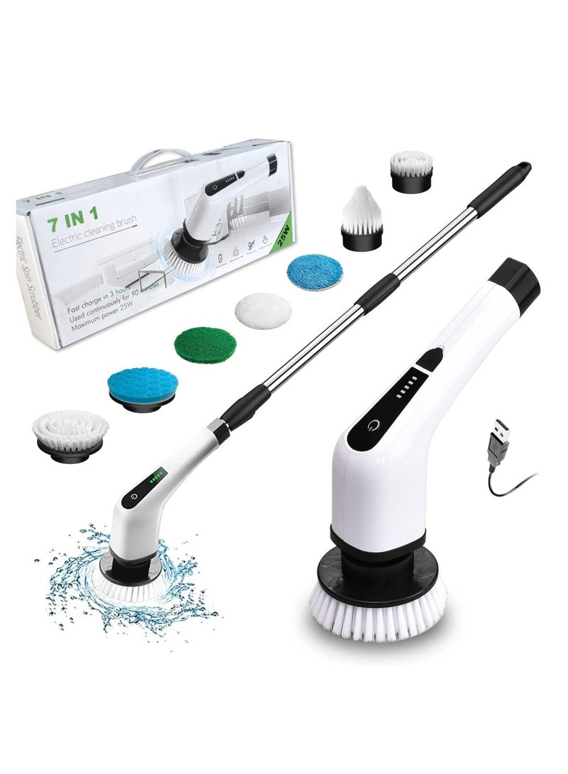 TIGER Cordless Electric Cleaning Brush with 7 Replaceable Brush Heads - 360° Rotating Scrubbing Mop with Adjustable Handle - Ideal for Bathroom, Kitchen, Bathtub & Tile Cleaning - White  - Image 1