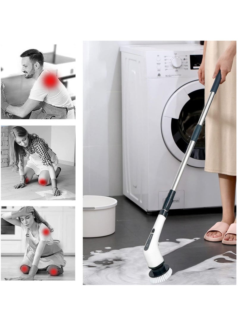 TIGER Cordless Electric Cleaning Brush with 7 Replaceable Brush Heads - 360° Rotating Scrubbing Mop with Adjustable Handle - Ideal for Bathroom, Kitchen, Bathtub & Tile Cleaning - White  - Image 2