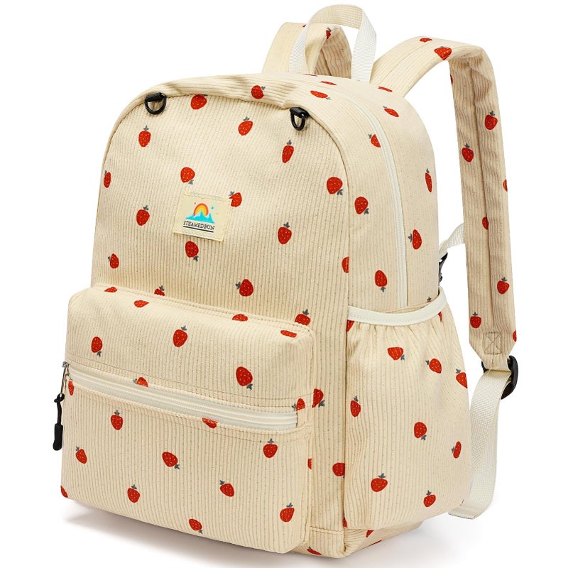 STEAMEDBUN Corduroy Kids Backpack for Girls and Boys 5-8: Girls Backpack for Elementary Kindergarten - 15 inch Cute Backpacks for Kids - Strawberry - Image 1