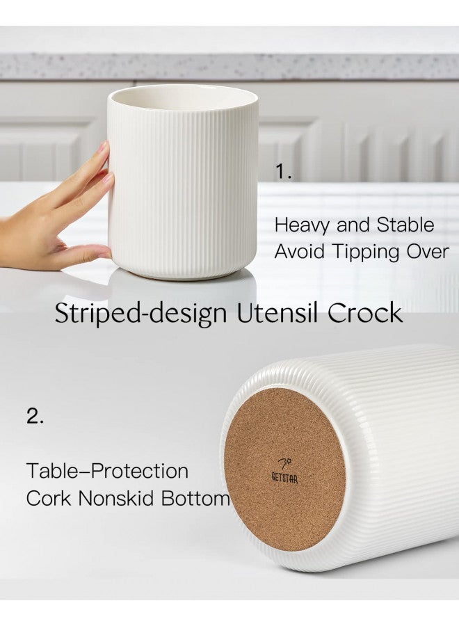 getstar getstar Utensil Holder, Large Kitchen Utensil Holder for Kitchen Counter (H7.2 x W6.2), Ceramic Cooking Utensil Holder with Cork Mat, Kitchen Decor for Counter (White, Utensils Not Included)  - Image 2