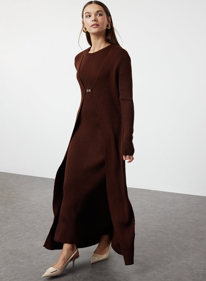 trendyol Brown Corduroy Dress-Cardigan Knitwear Suit TCTAW23US00118 - Image 2