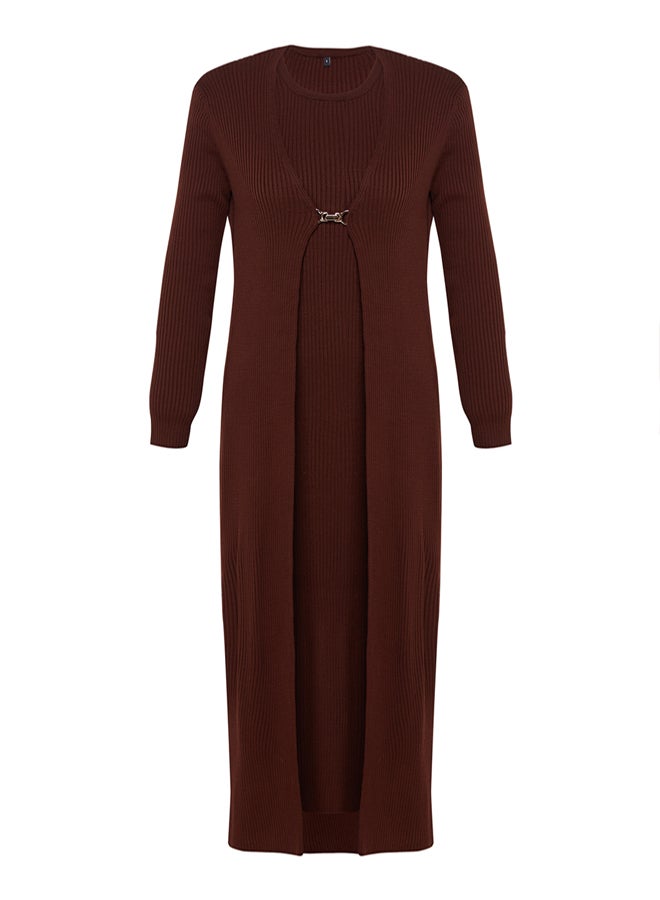 trendyol Brown Corduroy Dress-Cardigan Knitwear Suit TCTAW23US00118 - Image 5
