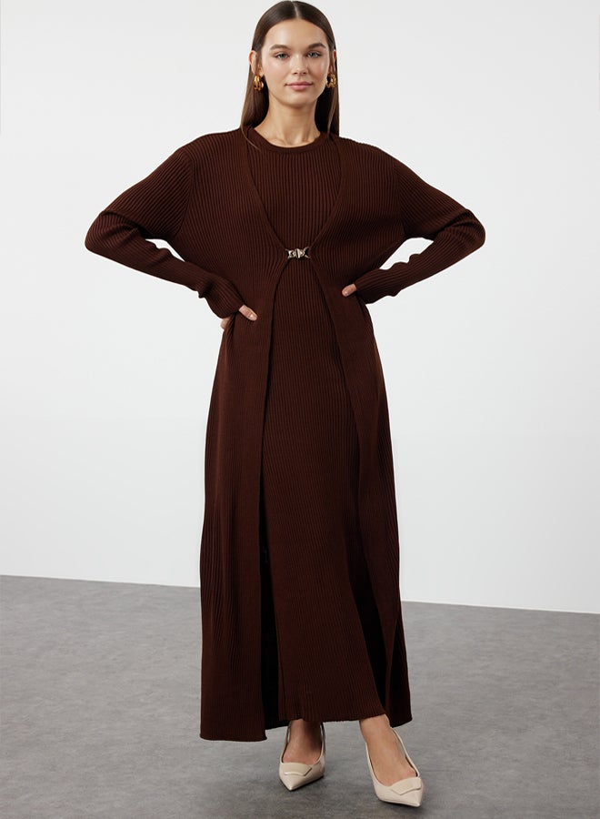 trendyol Brown Corduroy Dress-Cardigan Knitwear Suit TCTAW23US00118 - Image 1