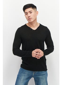 Celio Men V Neck Long Sleeve Plain Sweatshirts, Black  - Image 1