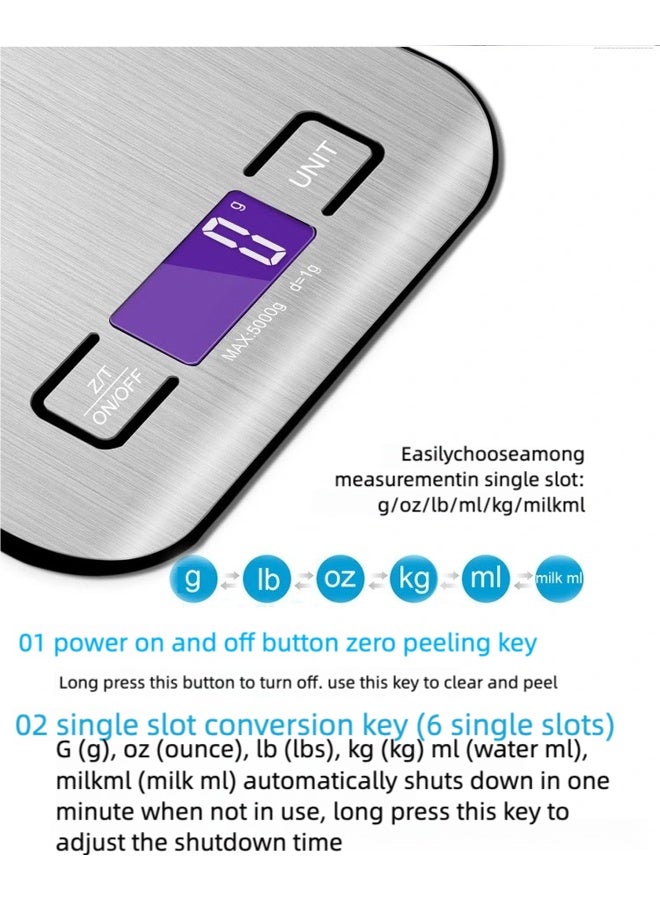 Digital Food Scale – High Precision Kitchen Scale with Tare Function, 5 Unit Conversions (g/oz/ml/lb/oz/fl.oz), Stainless Steel Surface – Batteries Included  - Image 2