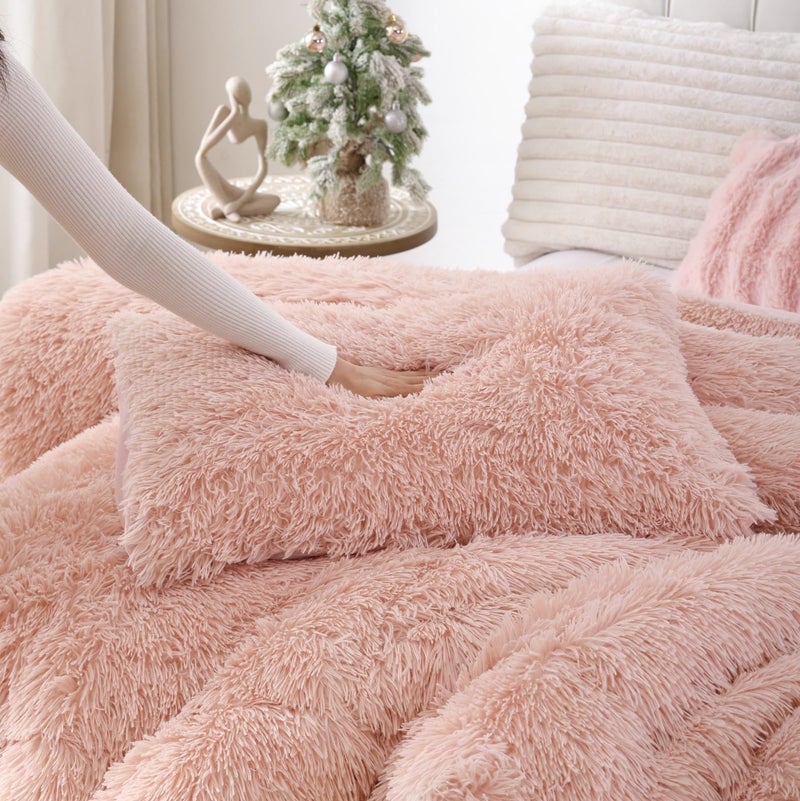 Smoofy Fluffy Queen Comforter Set, Faux Fur Pink Comforter Set Queen Size, Luxury Fuzzy Bedding Set, Soft Shaggy Bed Set Pink for All Season, 3 Pieces - 1 Comforter & 2 Pillowcases, Blush - Image 5