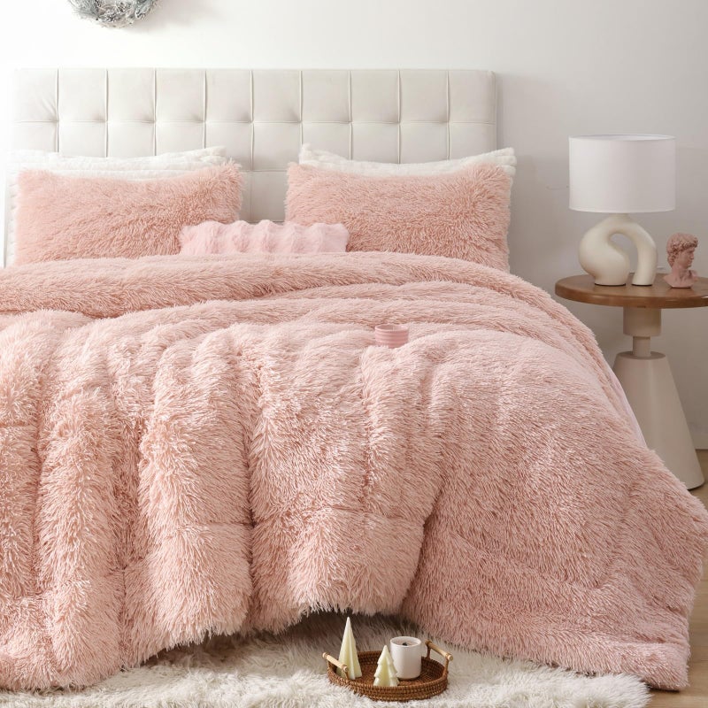 Smoofy Fluffy Queen Comforter Set, Faux Fur Pink Comforter Set Queen Size, Luxury Fuzzy Bedding Set, Soft Shaggy Bed Set Pink for All Season, 3 Pieces - 1 Comforter & 2 Pillowcases, Blush - Image 1
