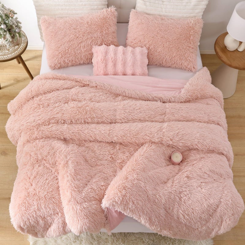 Smoofy Fluffy Queen Comforter Set, Faux Fur Pink Comforter Set Queen Size, Luxury Fuzzy Bedding Set, Soft Shaggy Bed Set Pink for All Season, 3 Pieces - 1 Comforter & 2 Pillowcases, Blush - Image 3