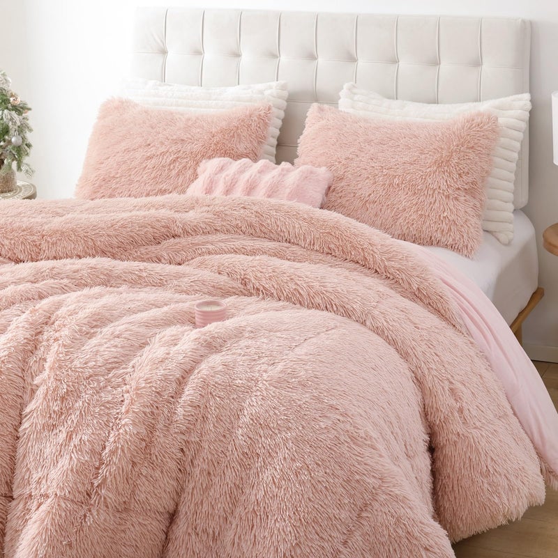 Smoofy Fluffy Queen Comforter Set, Faux Fur Pink Comforter Set Queen Size, Luxury Fuzzy Bedding Set, Soft Shaggy Bed Set Pink for All Season, 3 Pieces - 1 Comforter & 2 Pillowcases, Blush - Image 2