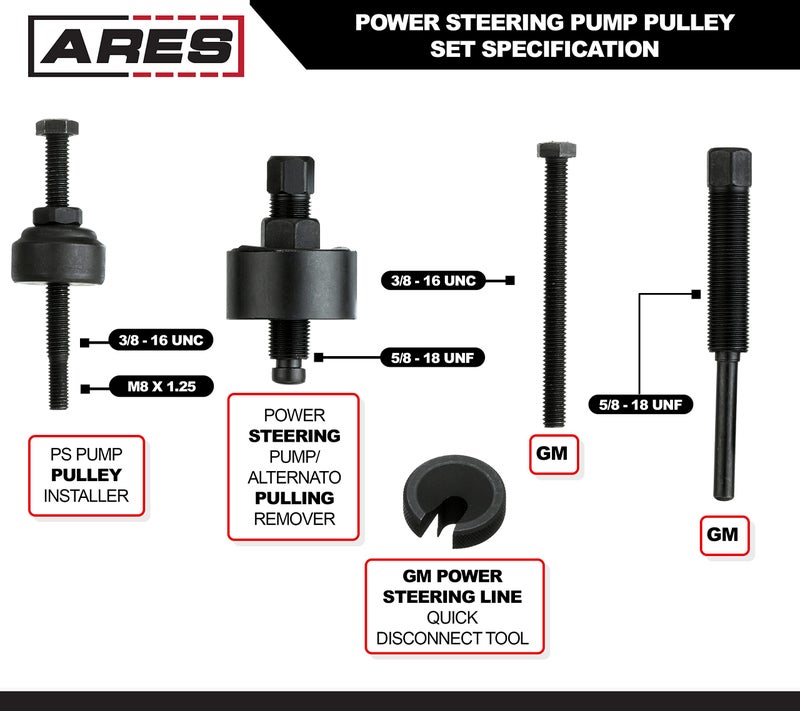ARES 71001 - Power Steering Pump Pulley Service Set - Releases Power Steering Pulleys from Pump - Fits Pulley Hubs with Diameters of 1 1/8 Inches, 1 1/4 Inches, 1 5/16 Inches, and 1 3/8 Inches - Image 2