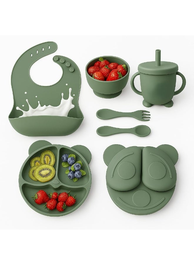 Silicone Baby Feeding Set, Weaning Supplies, Includes Suction Cups, Divided Plates, Adjustable Bib, Baby Utensils, Spoons, Forks, Cup - Image 2
