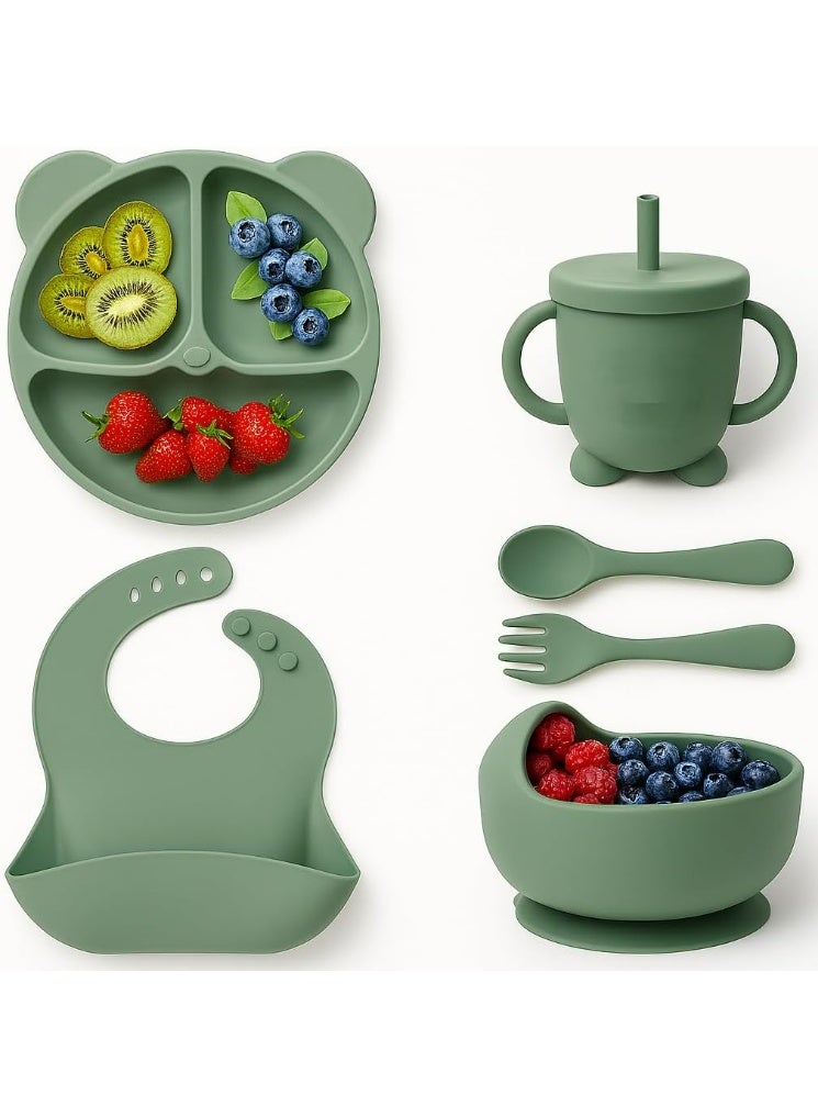 Silicone Baby Feeding Set, Weaning Supplies, Includes Suction Cups, Divided Plates, Adjustable Bib, Baby Utensils, Spoons, Forks, Cup - Image 1