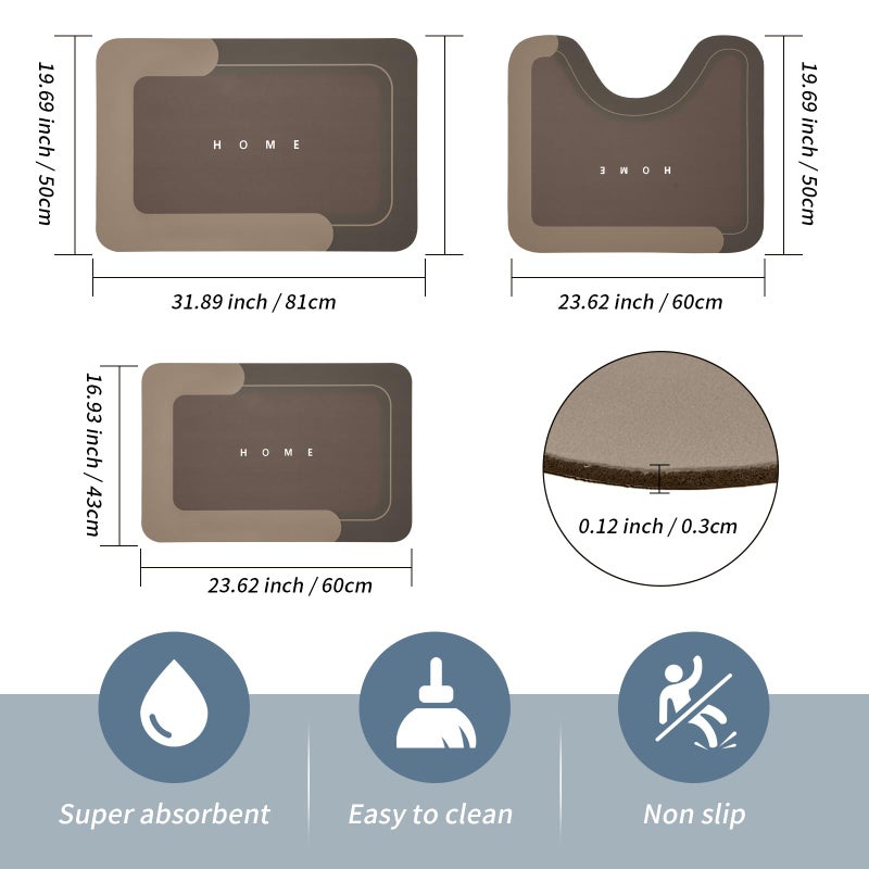 Housego 3PCS Absorbent Bath Mat Magic Rug Sets, Quick Drying Bath Mat Non-Slip Floor Rug Rubber Backed for Bathroom Kitchen Shower Sink (16.9''x23.6''+19.7''x23.6''+19.7''x31.9'', Brown) - Image 2