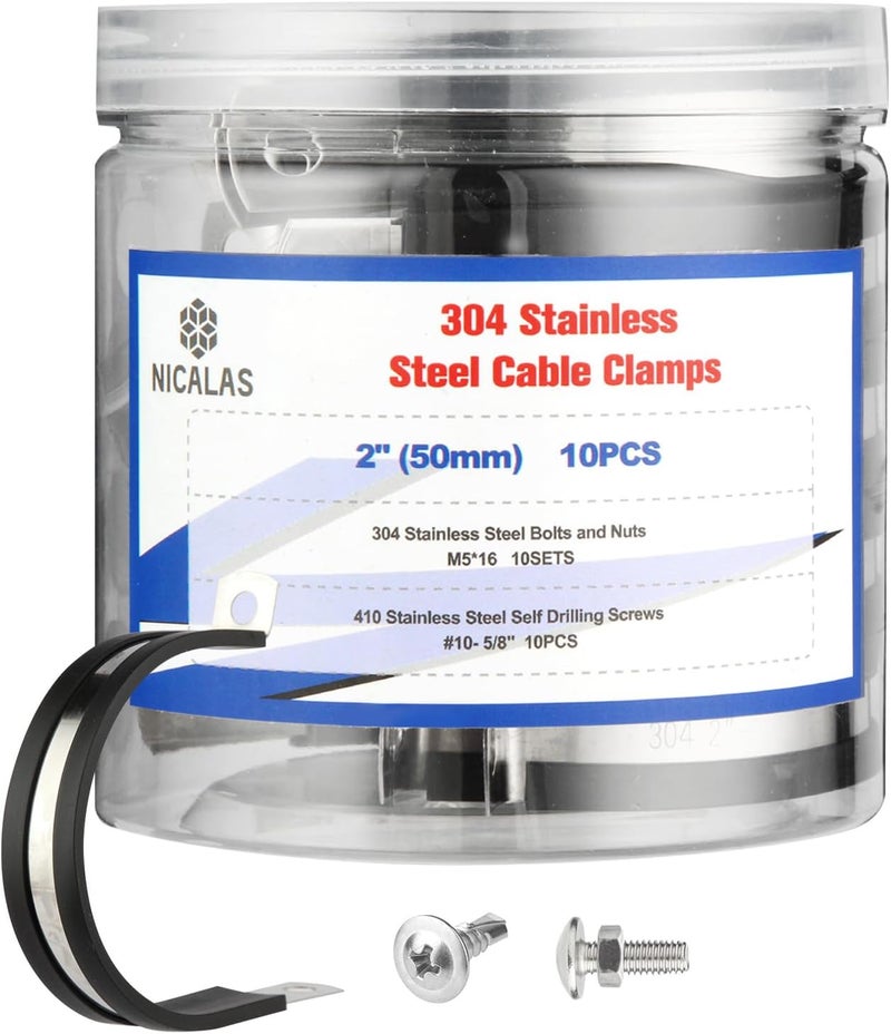 Nicalas 10pcs 2 Inch Stainless Steel Cable Clamps and Stainless Screws,Rubber Coated Cushioned Insulated Cable Clamp,Automotive Cable Wire Clamps,Pipe Clamps - Image 1