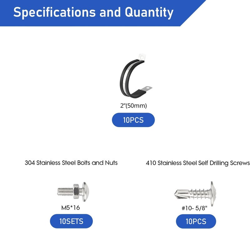 Nicalas 10pcs 2 Inch Stainless Steel Cable Clamps and Stainless Screws,Rubber Coated Cushioned Insulated Cable Clamp,Automotive Cable Wire Clamps,Pipe Clamps - Image 2