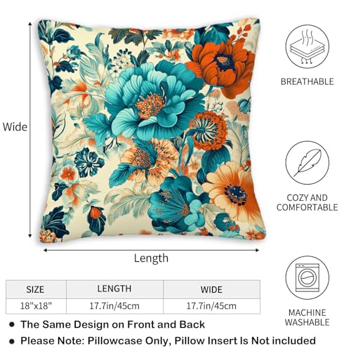 ZibZorp Teal Orange Floral Pillow Covers 18x18 Set of 2 | Vintage Botanical Decorative Cushion Cases | Colorful Flower Pillowcases | Elegant Throw Covers for Sofa Living Room Bedroom Decor - Image 5