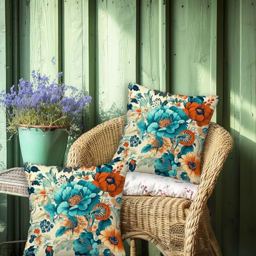 ZibZorp Teal Orange Floral Pillow Covers 18x18 Set of 2 | Vintage Botanical Decorative Cushion Cases | Colorful Flower Pillowcases | Elegant Throw Covers for Sofa Living Room Bedroom Decor - Image 4