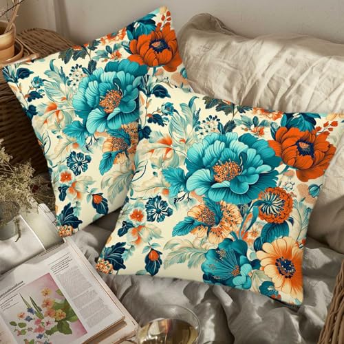 ZibZorp Teal Orange Floral Pillow Covers 18x18 Set of 2 | Vintage Botanical Decorative Cushion Cases | Colorful Flower Pillowcases | Elegant Throw Covers for Sofa Living Room Bedroom Decor - Image 3